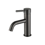 A gunmetal basin mixer tap with a curved spout on a white background