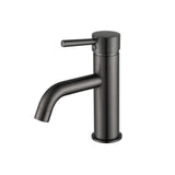 A gunmetal basin mixer tap with a curved spout on a white background