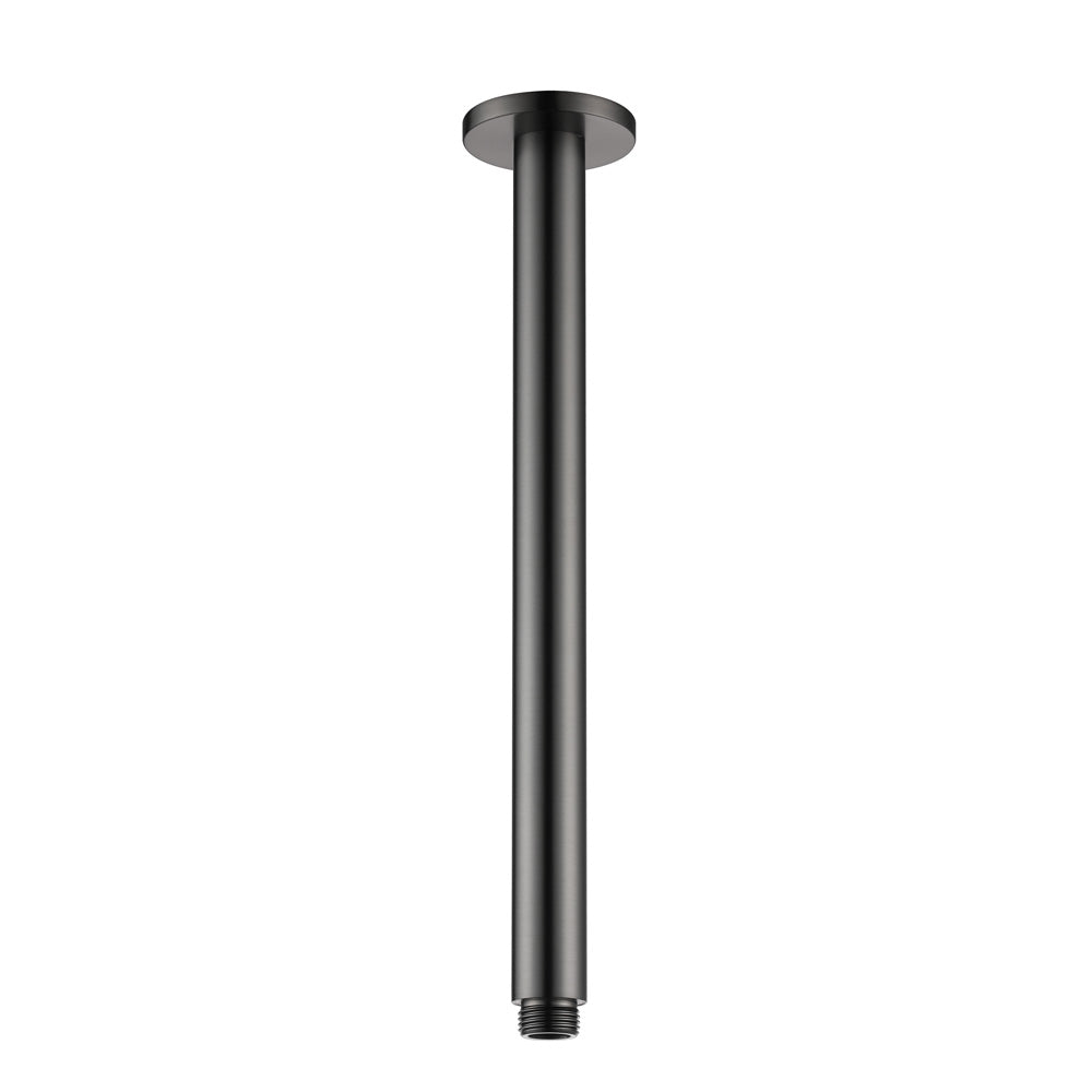 A gunmetal ceiling mounted arm, designed for holding shower heads, on a white background