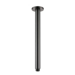 A gunmetal ceiling mounted arm, designed for holding shower heads, on a white background