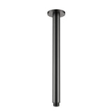 A gunmetal ceiling mounted arm, designed for holding shower heads, on a white background
