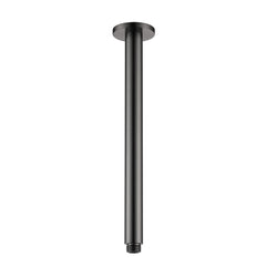 A gunmetal ceiling mounted arm, designed for holding shower heads, on a white background
