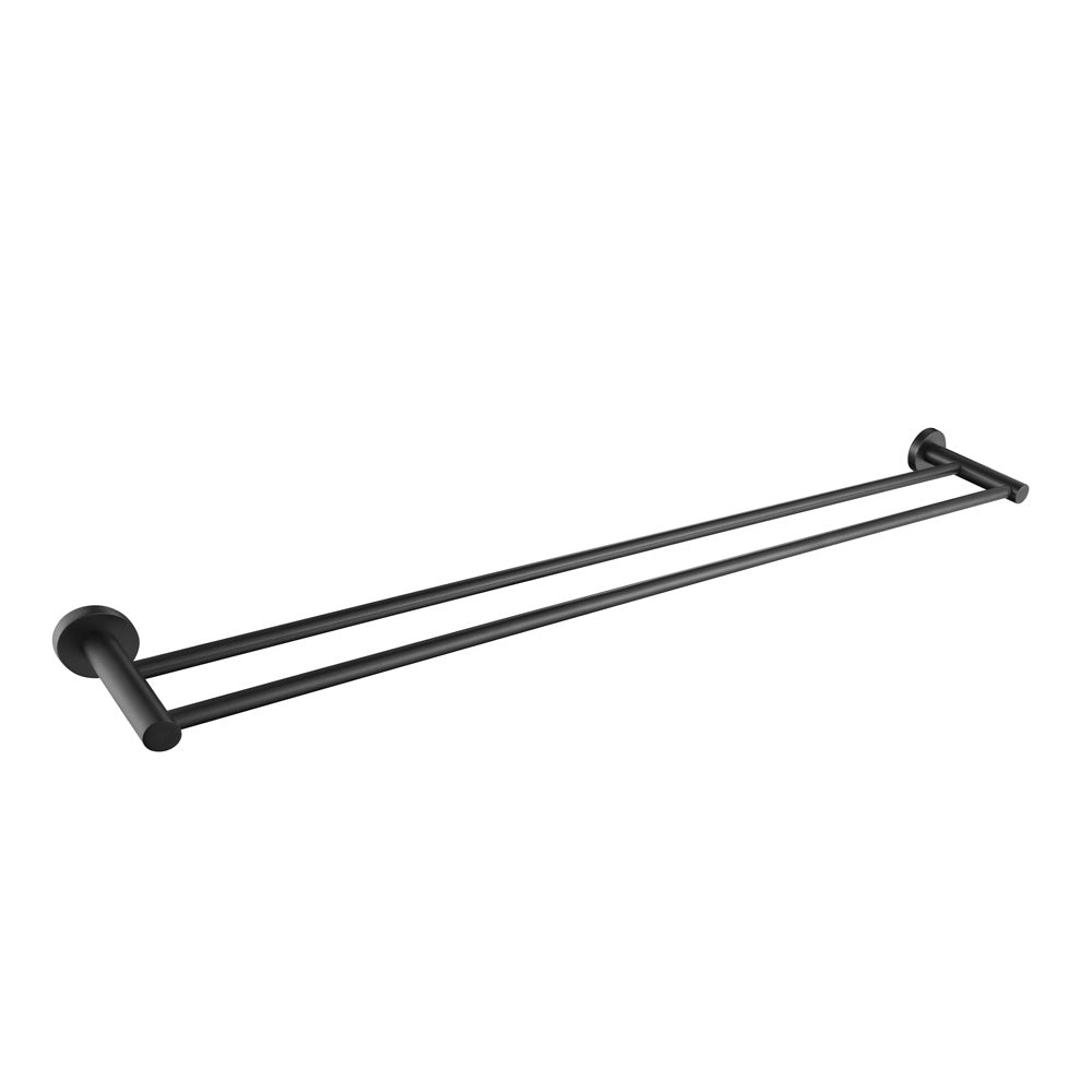 A gunmetal double towel rail wall mounted set against a white background
