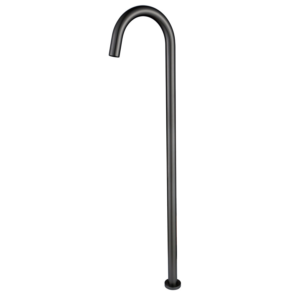 A gunmetal floor bath spout, with a curved design, set against a white background