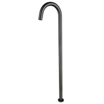 A gunmetal floor bath spout, with a curved design, set against a white background