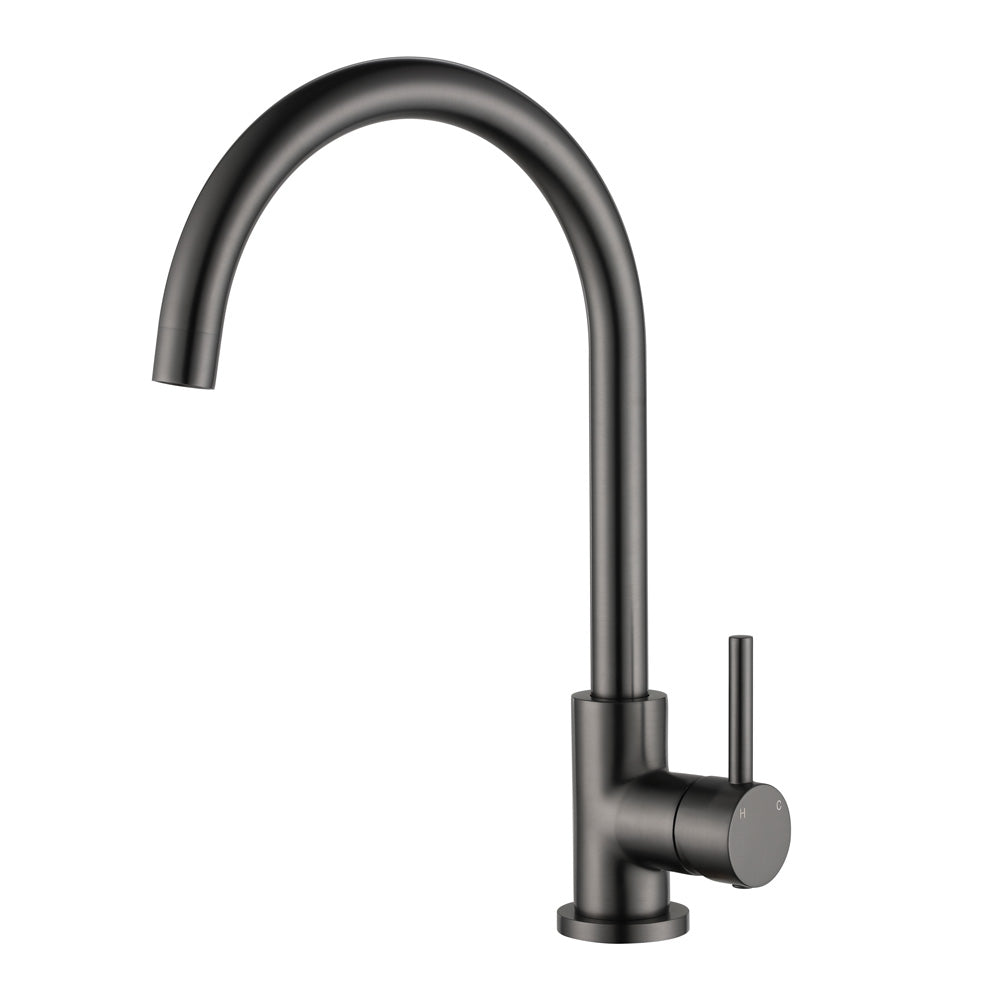 a gunmetal kitchen laundry mixer tap with a gooseneck on a white background
