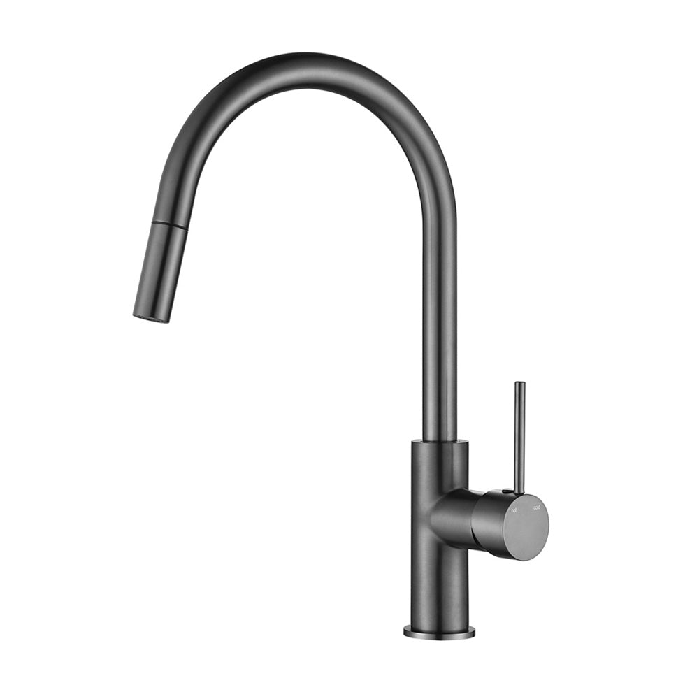 a gunmetal pull out kitchen laundry mixer tap with a gooseneck on a white background