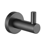 A single gunmetal robe hook with a round base and a single hook wall mounted on a white background