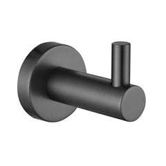 A single gunmetal robe hook with a round base and a single hook wall mounted on a white background