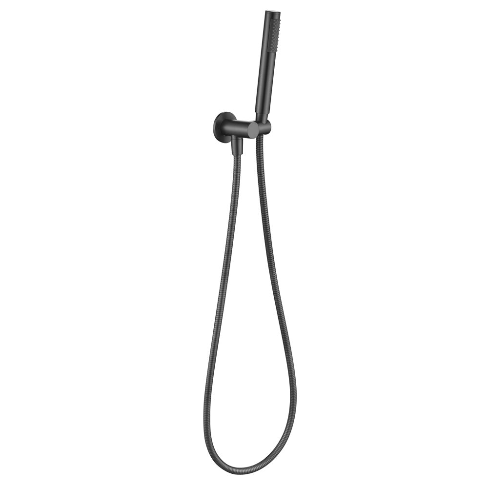 A gunmetal shower handpiece mounted on a bracket, with a hose attached to it on a white background