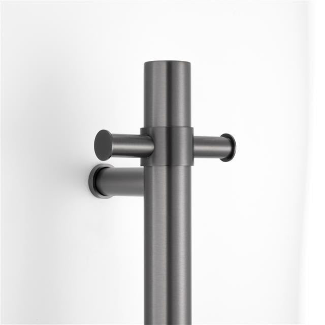 gunmetal single upright bar heated towel rail on a white background lifestyle