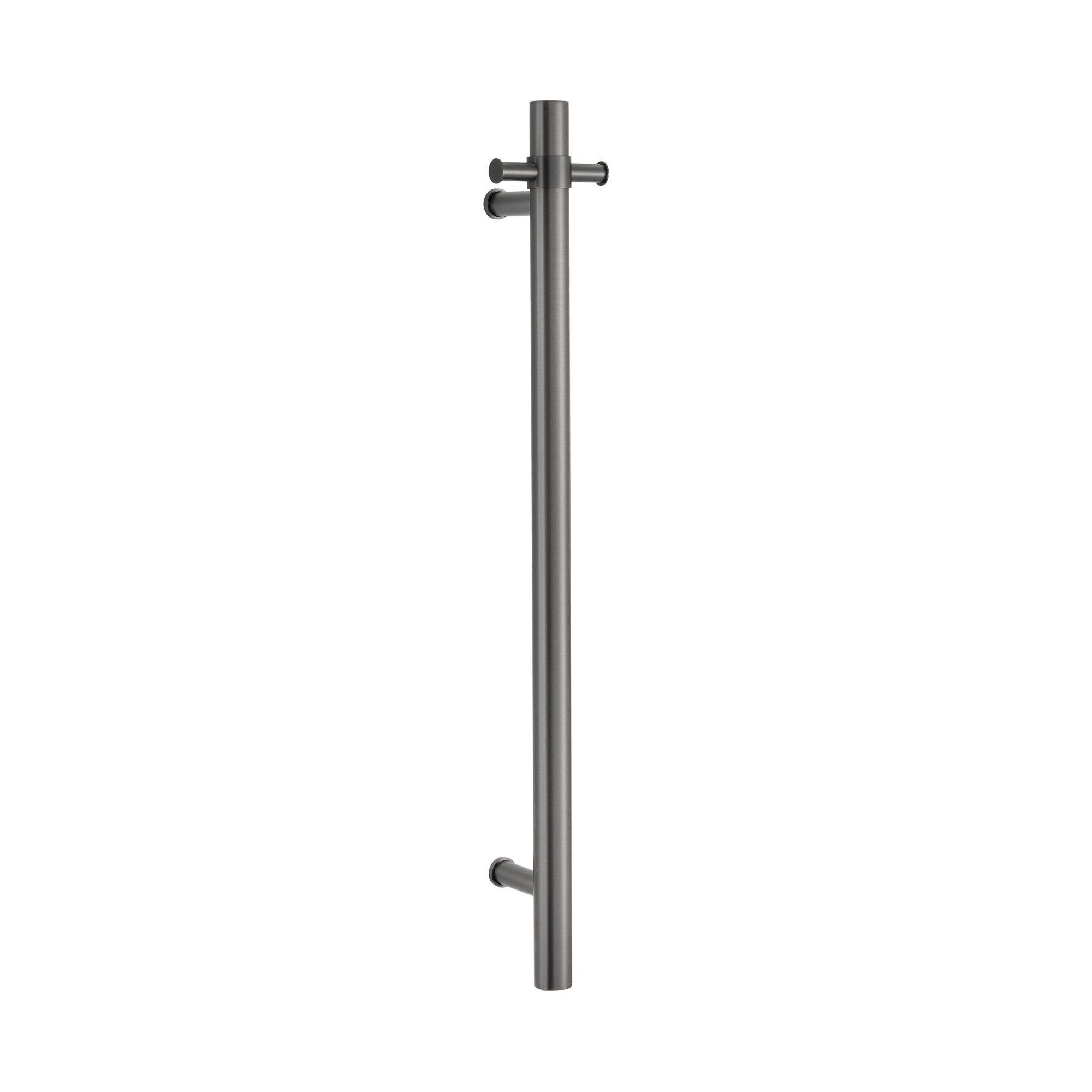 gunmetal single upright bar heated towel rail on a white background