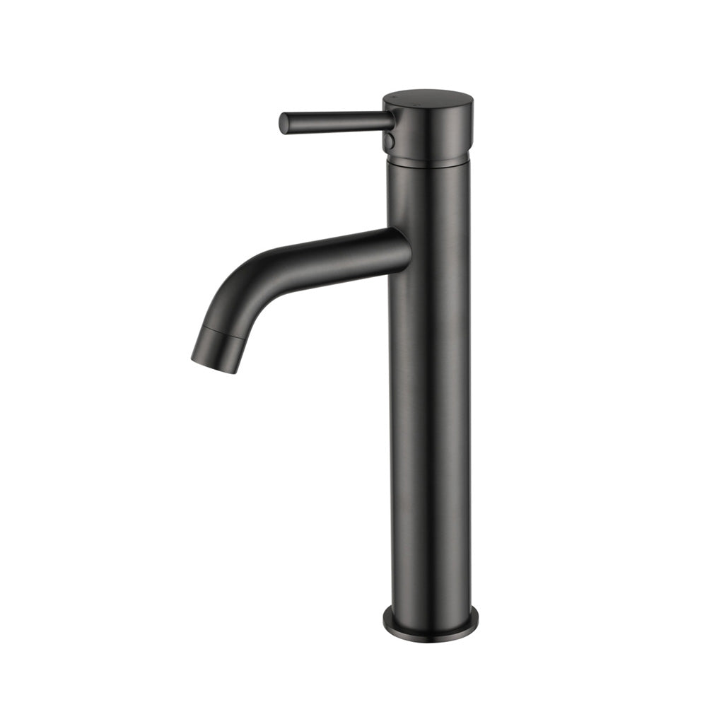 A tall basin mixer in gunmetal finish on a white background