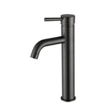 A tall basin mixer in gunmetal finish on a white background