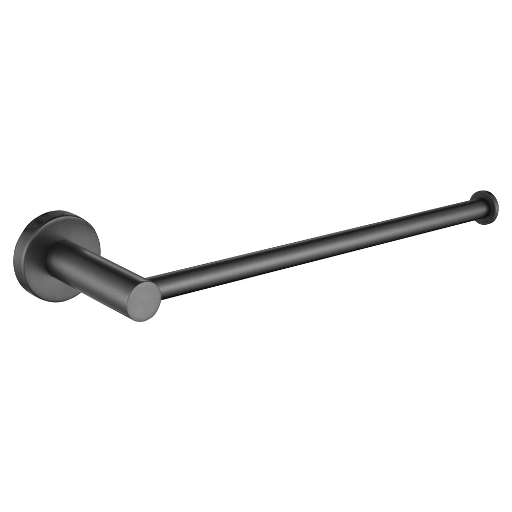 A gun metal hand towel holder rail on a white background