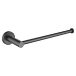 A gun metal hand towel holder rail on a white background