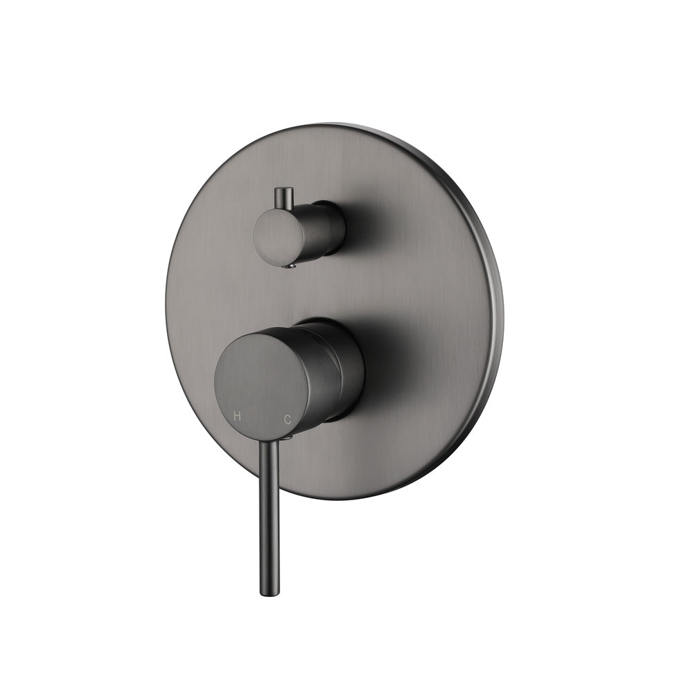 A wall-mounted gun metal mixer with diverter with a round base and two control knobs on the front on a white background.