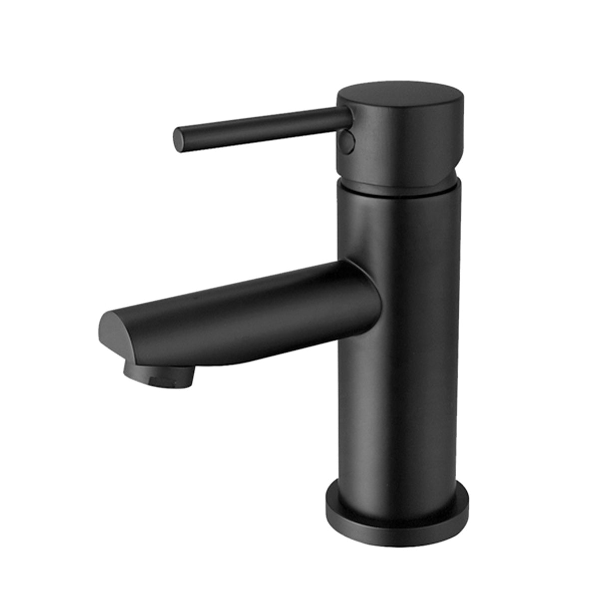 A matt black basin mixer tap with a round spout on a white background
