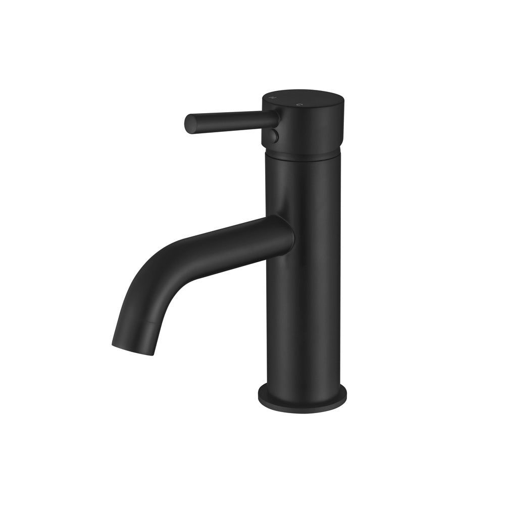 A matt black basin mixer tap with a curved spout on a white background