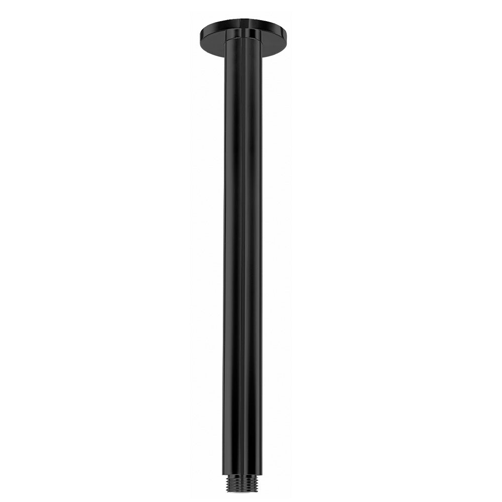 A matt black ceiling mounted arm, designed for holding shower heads, on a white background