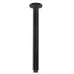 A matt black ceiling mounted arm, designed for holding shower heads, on a white background
