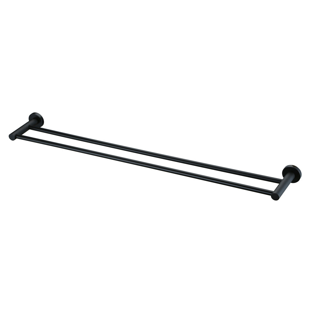 A matt black double towel rail wall mounted set against a white background