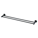 A matt black double towel rail wall mounted set against a white background