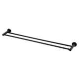 A matt black double towel rail wall mounted set against a white background