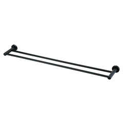 A matt black double towel rail wall mounted set against a white background
