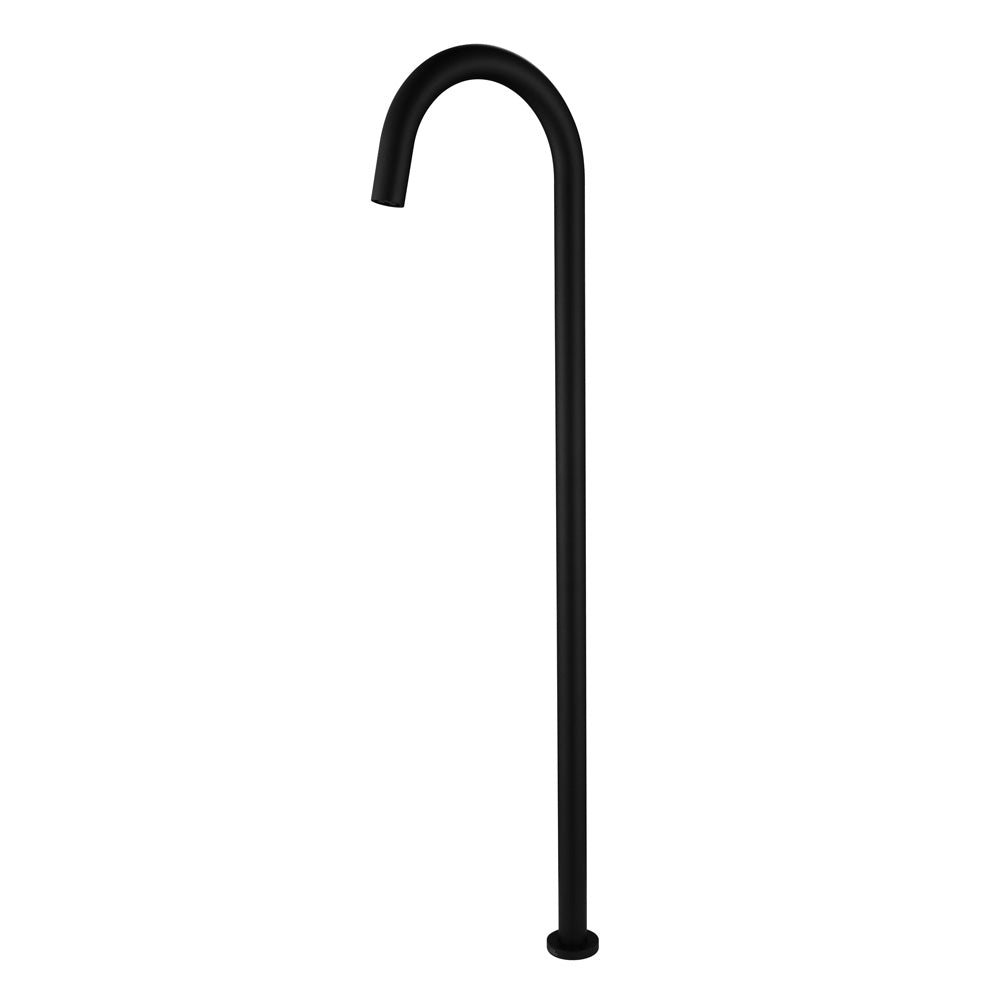 A matt black floor bath spout, with a curved design, set against a white background.