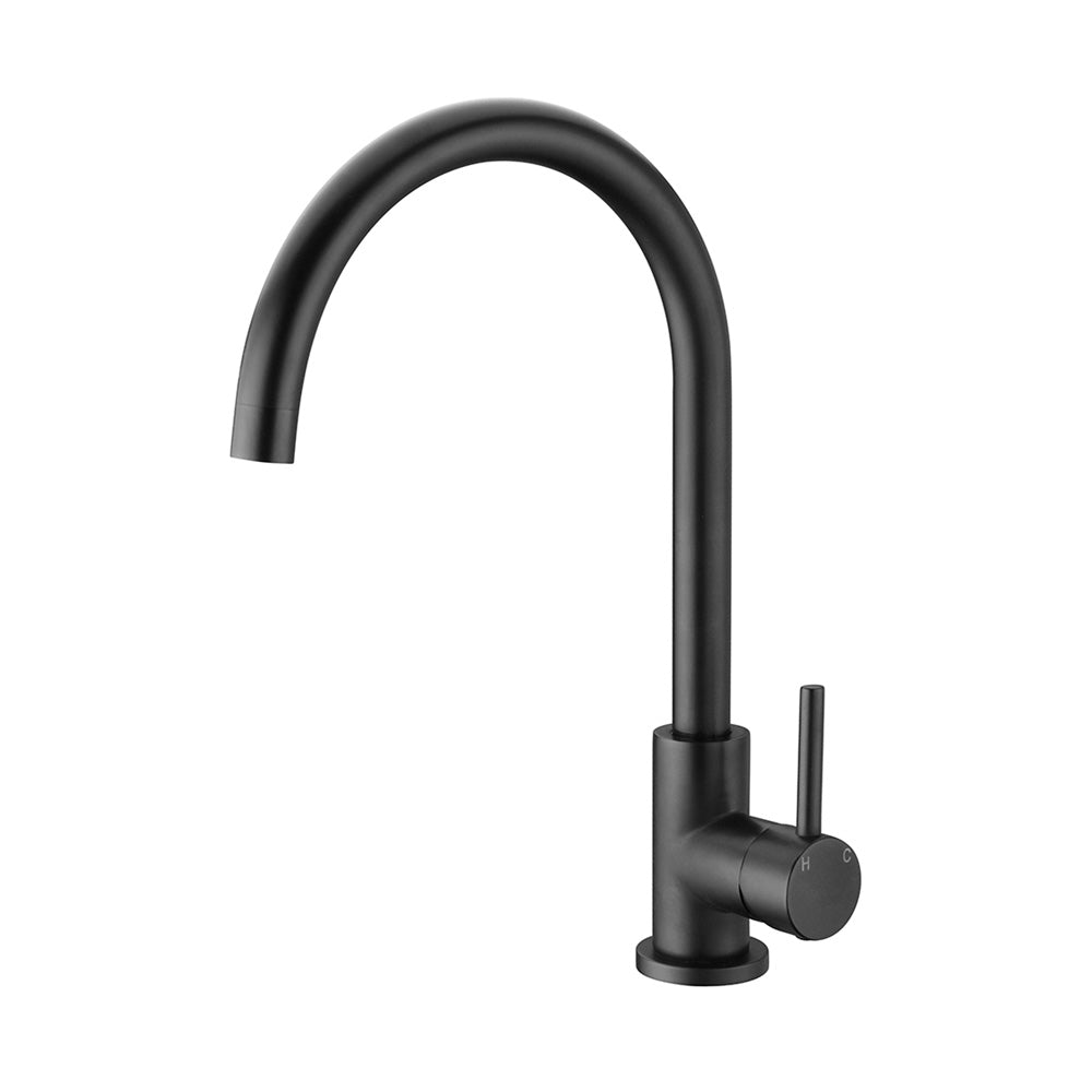 a matt black kitchen laundry mixer tap with a gooseneck on a white background