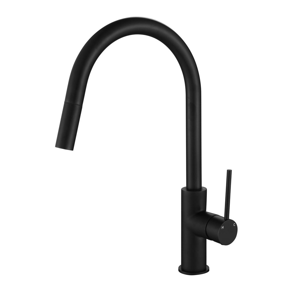 a matt black pull out kitchen laundry mixer tap with a gooseneck on a white background