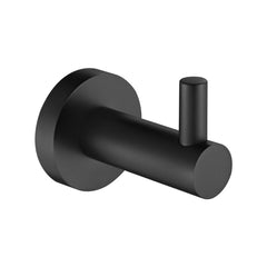 A single matt black robe hook with a round base and a single hook wall mounted on a white background