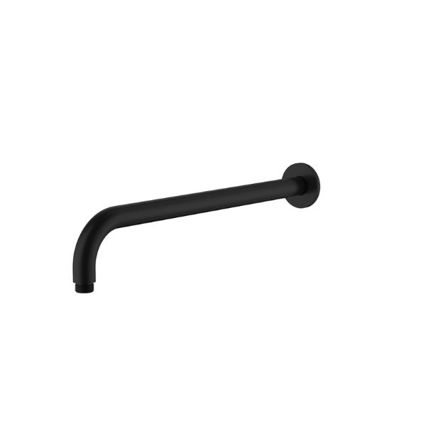 Matt black round wall mounted shower arm on a white background