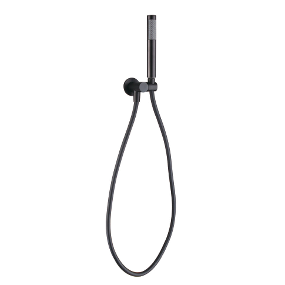 A matt black shower handpiece mounted on a bracket, with a hose attached to it on a white background