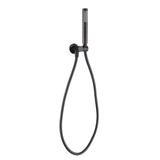 A matt black shower handpiece mounted on a bracket, with a hose attached to it on a white background