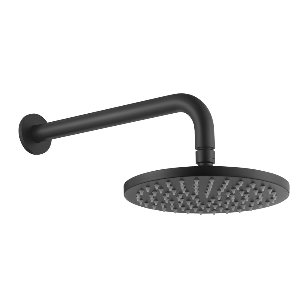 matt black round shower head on wall with a white background