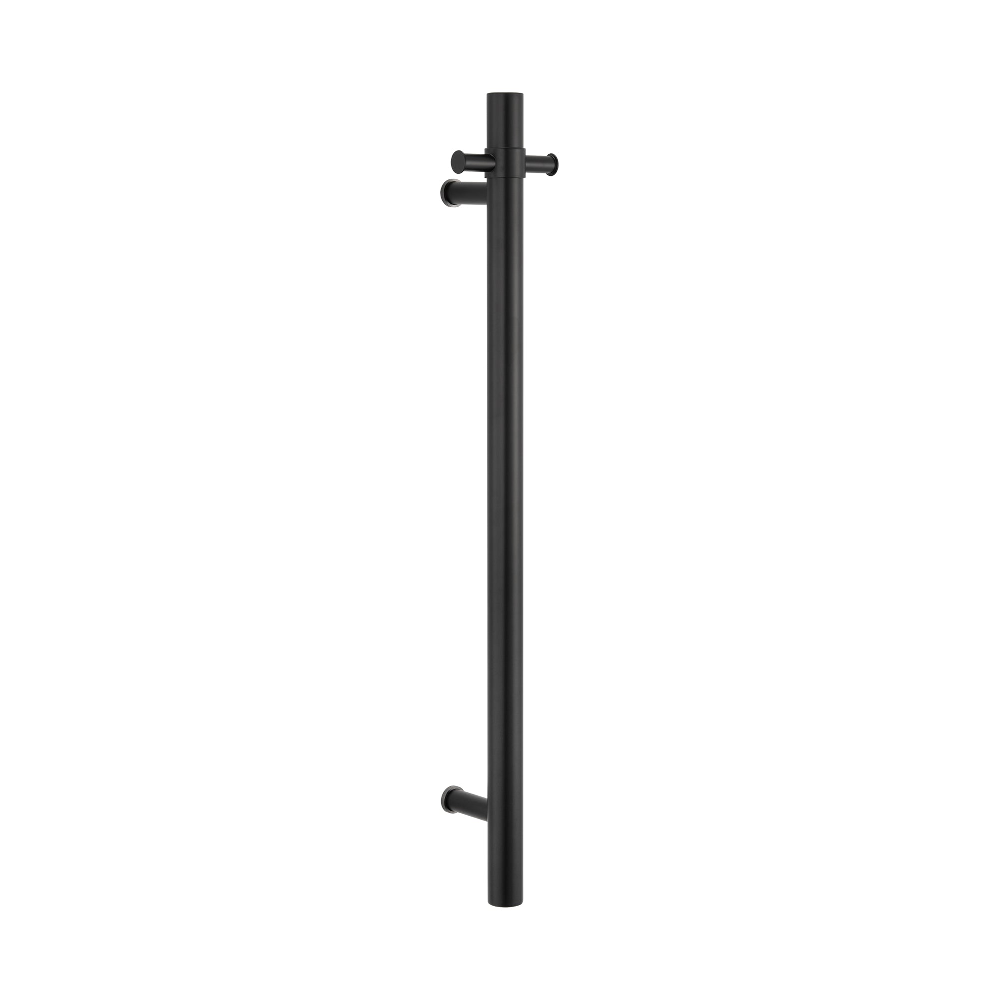 matt black single upright bar heated towel rail on a white background