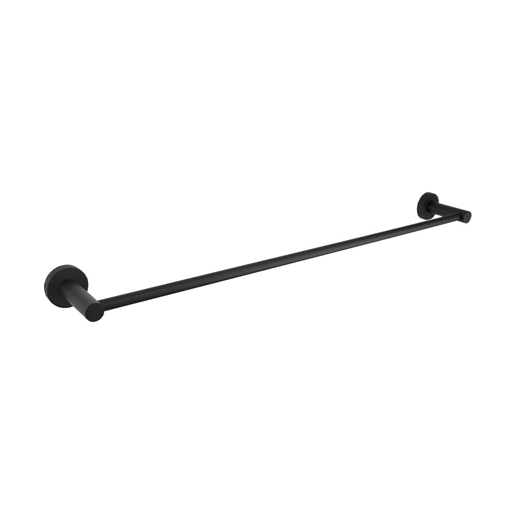 A single matt black towel rail with a bar and mounting brackets on a white background.