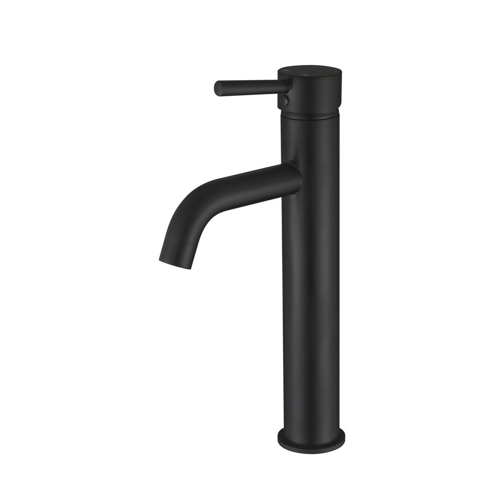 matt black tall basin mixer tap on a white background