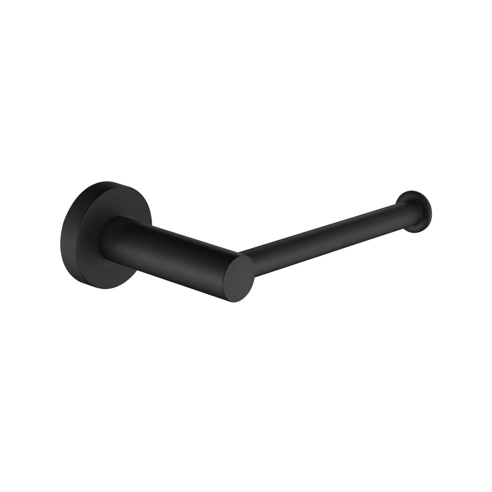 A matt black toilet roll holder with a white background