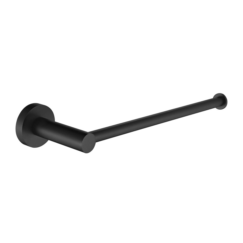 A matt black hand towel holder rail with a round mounting bracket on a white background