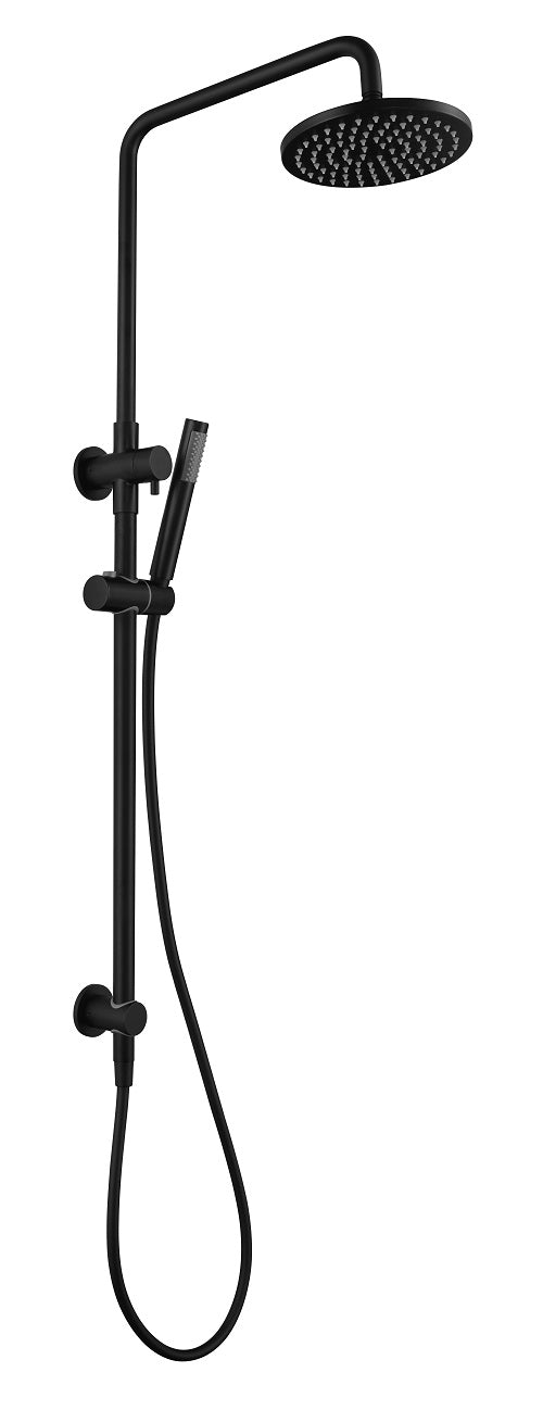 Matt Black twin round combination shower rail set with rain shower head and handheld shower with diverter on a white background
