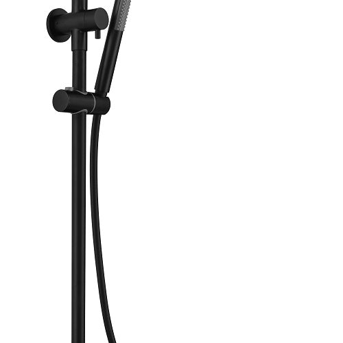 Matt Black twin round combination shower rail set with rain shower head and handheld shower with diverter on a white background