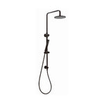 Black shower head with a hand wand on a white background