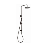 Black shower head with a hand wand on a white background