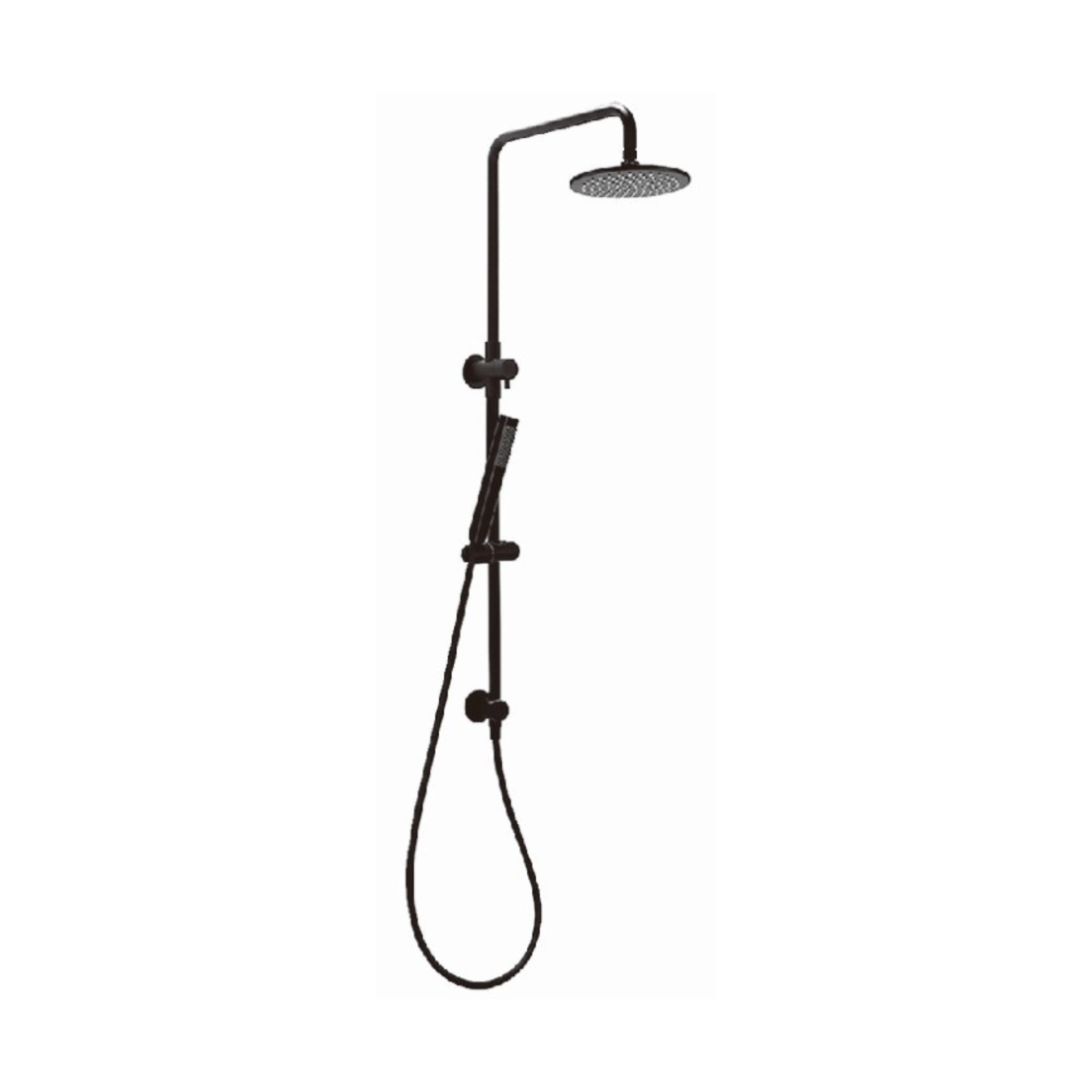 Black shower head with a hand wand on a white background