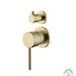 Brushed gold wall mixer with diverter on a white background