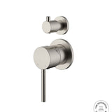 Brushed nickel wall mixer with diverter on a white background